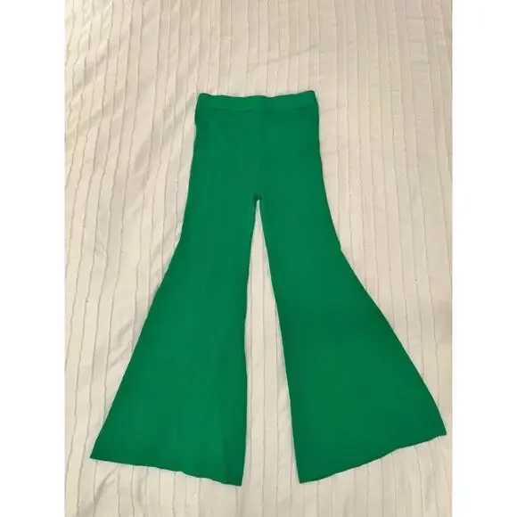Emerald Green Ribbed Knit Flare Pants High Rise Y2K 70s Retro Festival Sz Small - Picture 10 of 13